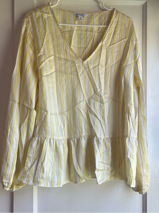 Nine West Tops - Nine West Yellow and White Striped Peplum V-Neck Blouse